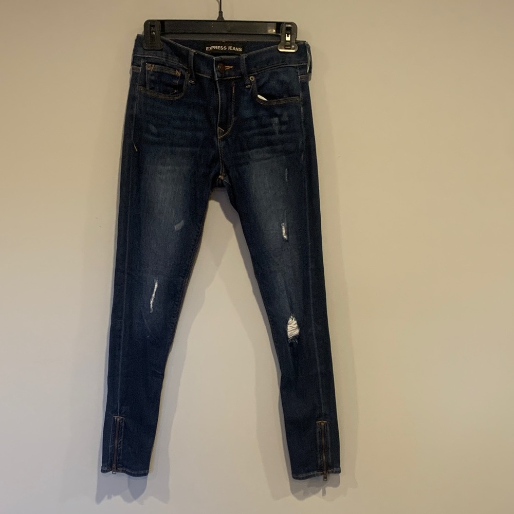 Express Dark Blue Distressed Skinny Jeans